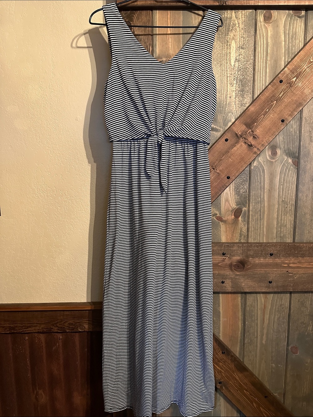 Lucky Brand Navy and White Striped Tie-Waist Maxi Dress
